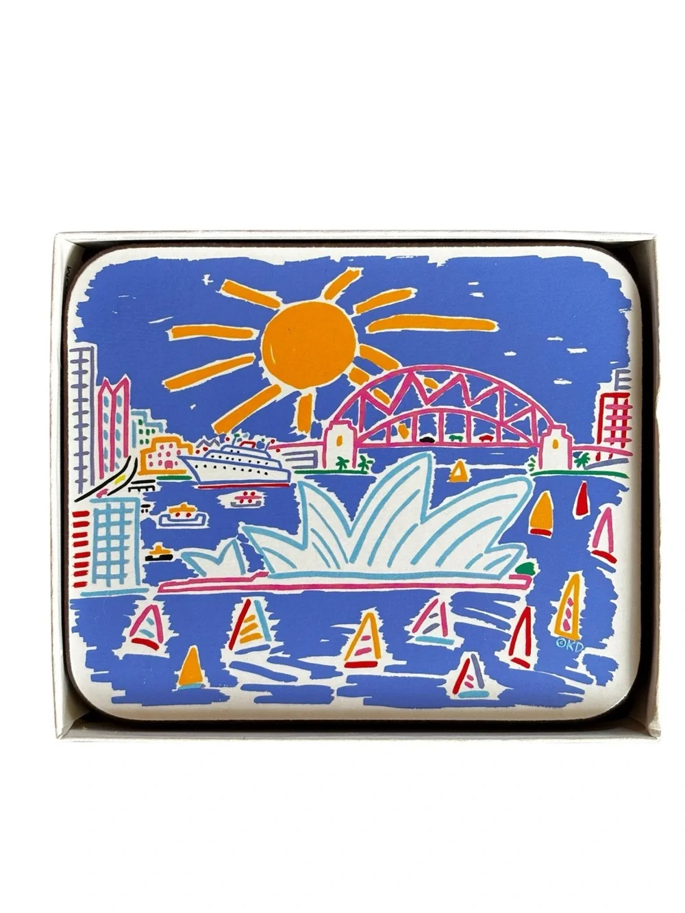 Ken Done coasters,illustration of the Sydney Opera House and Harbour Bridge